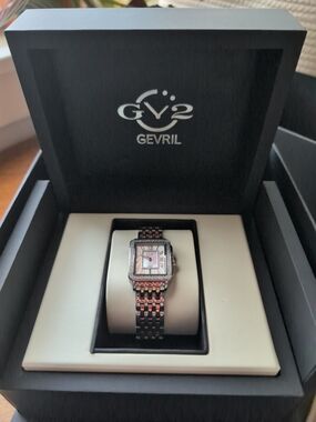 GeVril GV2 Women's Two-Tone Rose Gold and Silver Square Diamond Accent Watch